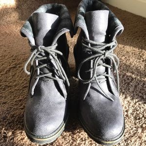 Grey, Suede, Chunky Heel, Ankle Booties